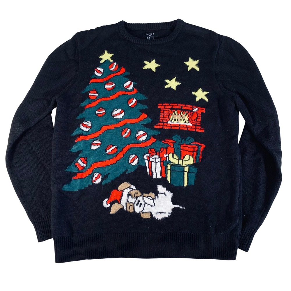 Forever 21 Men's/Unisex Christmas Tree Holiday Sweater Black Medium 21W x 25.5
